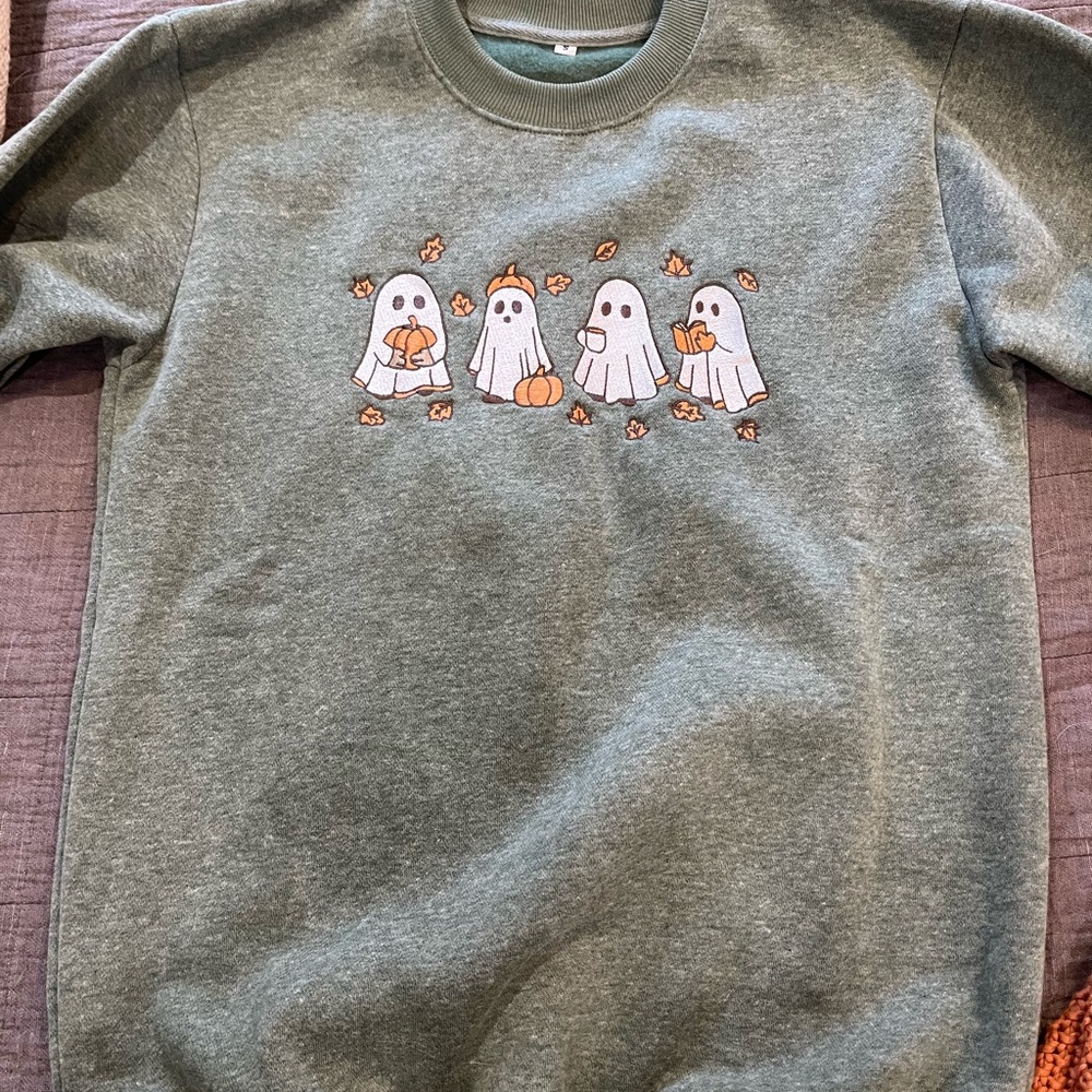 Green Sweatshirt with Ghost Print